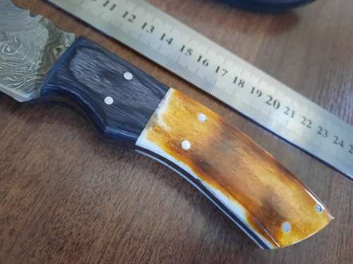 Handmade DAMASCUS Steel Hunting Knife, BURNT Camel Bone & Wooden Handle scales. GIFT TIME !!!!