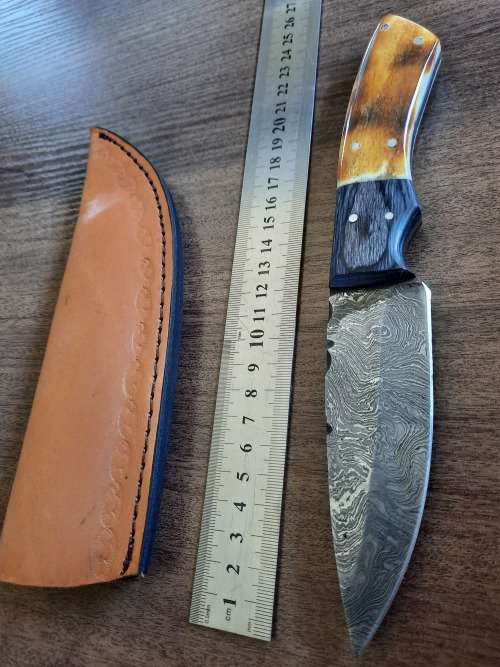 Handmade DAMASCUS Steel Hunting Knife, BURNT Camel Bone & Wooden Handle scales. GIFT TIME !!!!