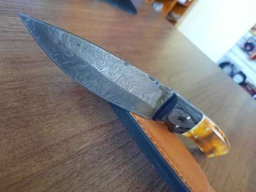 Handmade DAMASCUS Steel Hunting Knife, BURNT Camel Bone & Wooden Handle scales. GIFT TIME !!!!