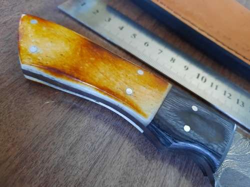 Handmade DAMASCUS Steel Hunting Knife, BURNT Camel Bone & Wooden Handle scales. GIFT TIME !!!!