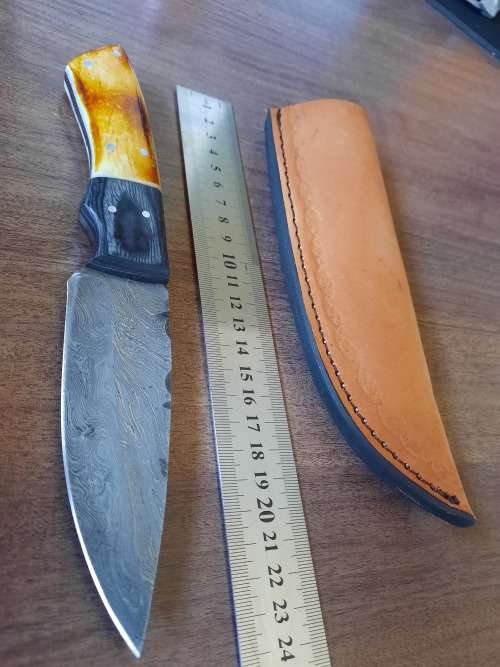 Handmade DAMASCUS Steel Hunting Knife, BURNT Camel Bone & Wooden Handle scales. GIFT TIME !!!!