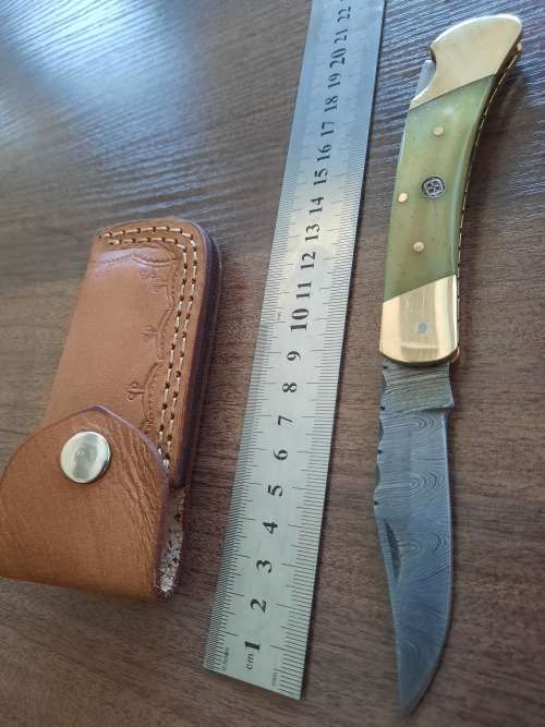 Handmade Damascus steel folding knife with Camel Bone  handle scales. VALENTINE'S GIFT !!