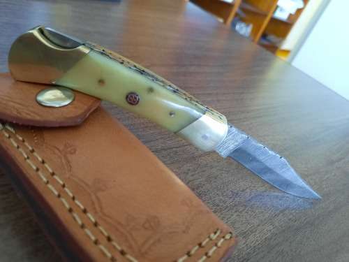 Handmade Damascus steel folding knife with Camel Bone  handle scales. VALENTINE'S GIFT !!