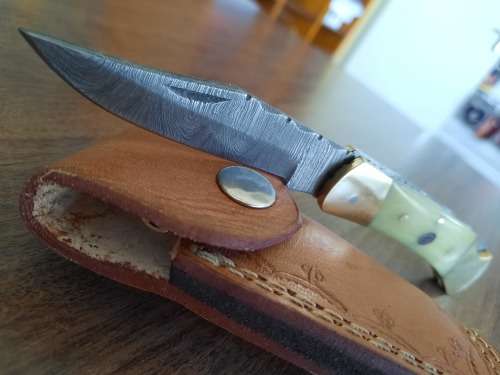 Handmade Damascus steel folding knife with Camel Bone  handle scales. VALENTINE'S GIFT !!