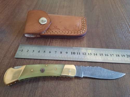 Handmade Damascus steel folding knife with Camel Bone  handle scales. VALENTINE'S GIFT !!