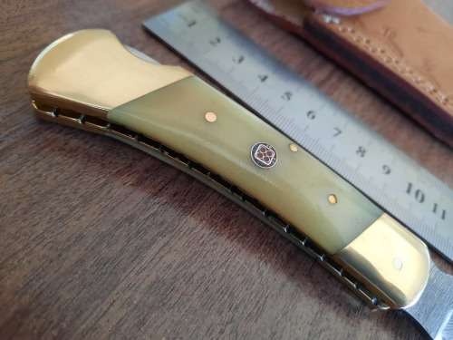 Handmade Damascus steel folding knife with Camel Bone  handle scales. VALENTINE'S GIFT !!