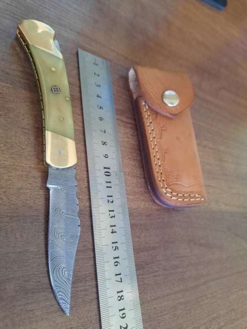 Handmade Damascus steel folding knife with Camel Bone  handle scales. VALENTINE'S GIFT !!