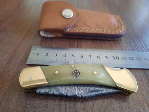 Handmade Damascus steel folding knife with Camel Bone  handle scales. VALENTINE'S GIFT !!