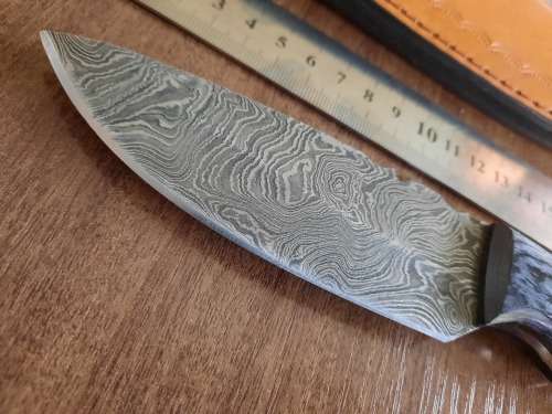 Handmade DAMASCUS Steel Hunting Knife, BURNT Camel Bone & Wooden Handle scales.
