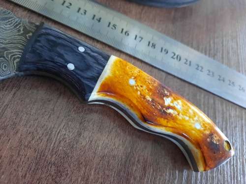 Handmade DAMASCUS Steel Hunting Knife, BURNT Camel Bone & Wooden Handle scales.