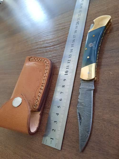 Handmade Damascus steel folding knife with Camel Bone  handle scales. GREAT GIFT !!