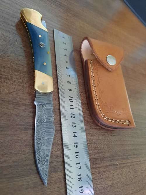 Handmade Damascus steel folding knife with Camel Bone  handle scales. GREAT GIFT !!