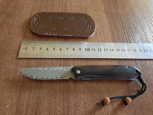 Damascus VG-10 Stainless Steel folding knife, RAZOR Sharp, Ebony Handle Scales.