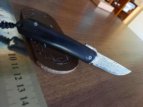 Damascus VG-10 Stainless Steel folding knife, RAZOR Sharp, Ebony Handle Scales.