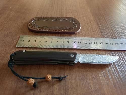 Damascus VG-10 Stainless Steel folding knife, RAZOR Sharp, Ebony Handle Scales.