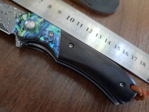 Damascus VG-10 Stainless Steel folding knife, RAZOR Sharp, EBONY WOOD & Shell handle.