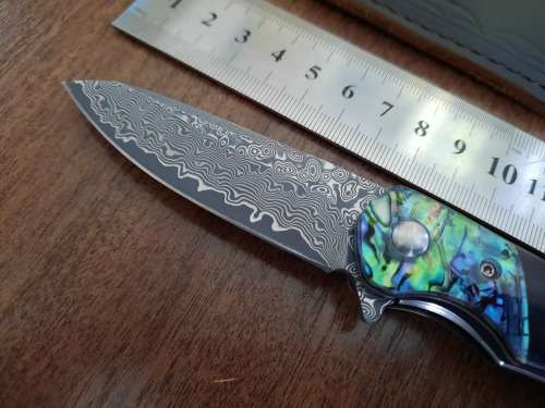 Damascus VG-10 Stainless Steel folding knife, RAZOR Sharp, EBONY WOOD & Shell handle.