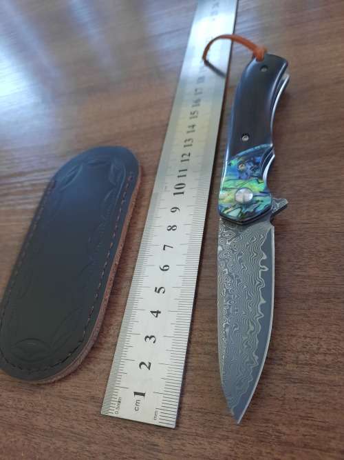 Damascus VG-10 Stainless Steel folding knife, RAZOR Sharp, EBONY WOOD & Shell handle.