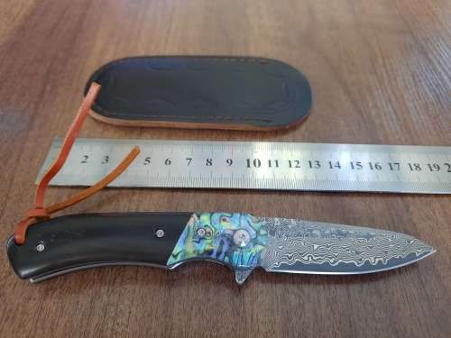 Damascus VG-10 Stainless Steel folding knife, RAZOR Sharp, EBONY WOOD & Shell handle.