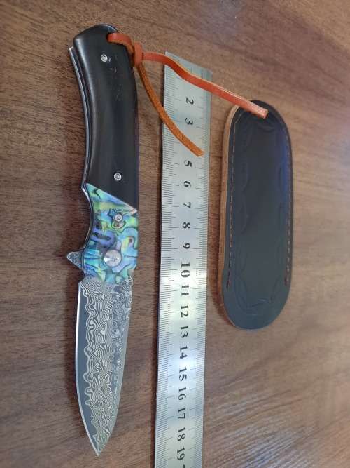 Damascus VG-10 Stainless Steel folding knife, RAZOR Sharp, EBONY WOOD & Shell handle.