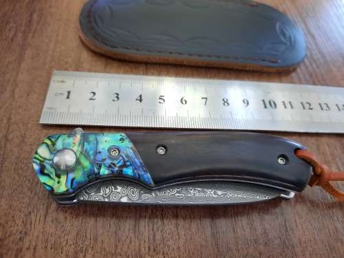Damascus VG-10 Stainless Steel folding knife, RAZOR Sharp, EBONY WOOD & Shell handle.