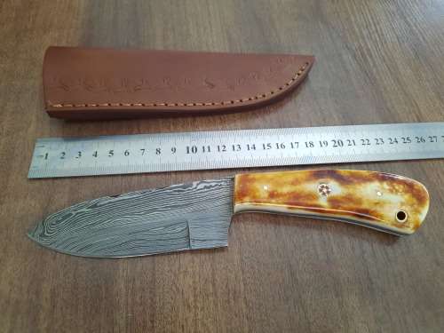 Handmade DAMASCUS Steel Hunting Knife, BURNT Camel Bone Handle scales.