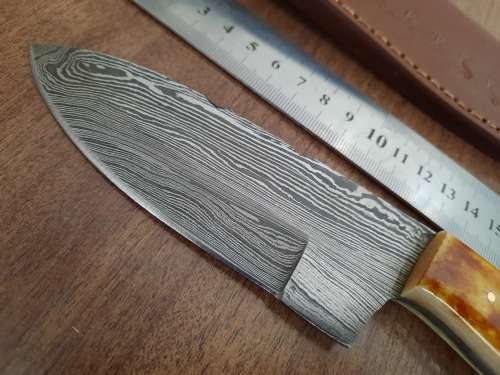 Handmade DAMASCUS Steel Hunting Knife, BURNT Camel Bone Handle scales.