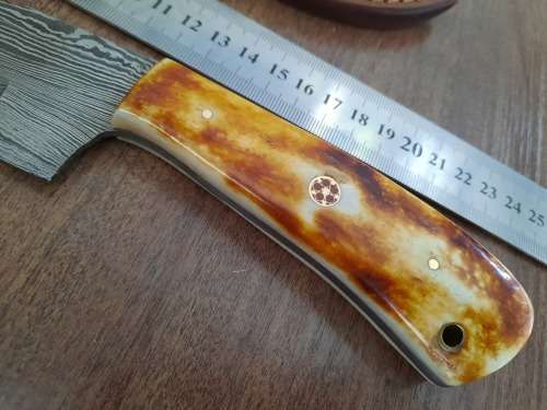 Handmade DAMASCUS Steel Hunting Knife, BURNT Camel Bone Handle scales.