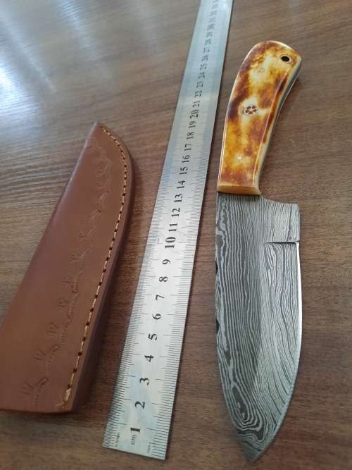 Handmade DAMASCUS Steel Hunting Knife, BURNT Camel Bone Handle scales.