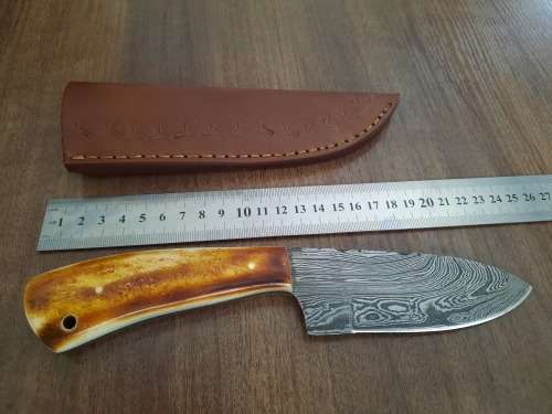 Handmade DAMASCUS Steel Hunting Knife, BURNT Camel Bone Handle scales.
