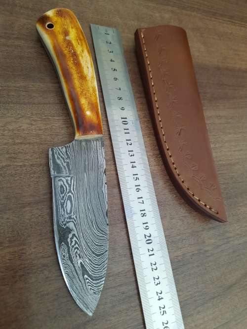Handmade DAMASCUS Steel Hunting Knife, BURNT Camel Bone Handle scales.