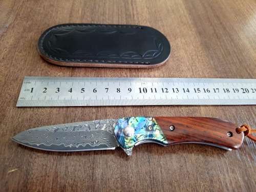 Damascus VG-10 Stainless Steel folding knife, RAZOR Sharp, Rosewood & Shell handle.