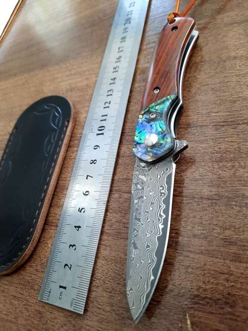 Damascus VG-10 Stainless Steel folding knife, RAZOR Sharp, Rosewood & Shell handle.