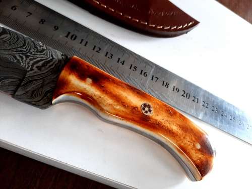 Handmade DAMASCUS Steel Hunting Knife, BURNT Camel Bone Handle scales.