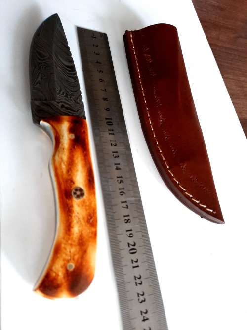 Handmade DAMASCUS Steel Hunting Knife, BURNT Camel Bone Handle scales.