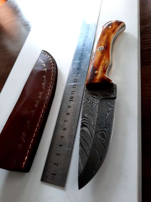 Handmade DAMASCUS Steel Hunting Knife, BURNT Camel Bone Handle scales.
