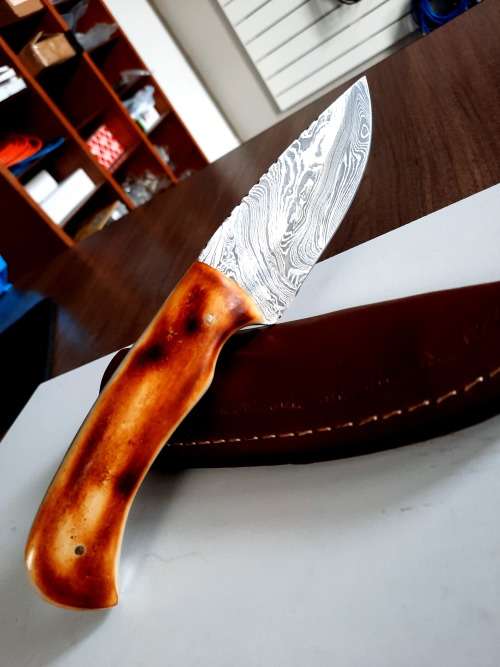 Handmade DAMASCUS Steel Hunting Knife, BURNT Camel Bone Handle scales.
