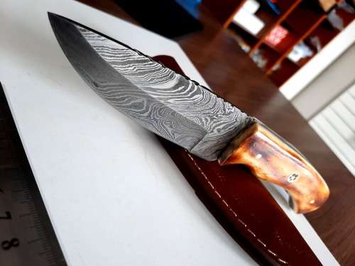 Handmade DAMASCUS Steel Hunting Knife, BURNT Camel Bone Handle scales.