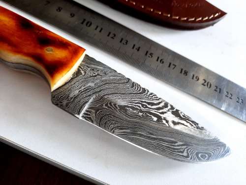 Handmade DAMASCUS Steel Hunting Knife, BURNT Camel Bone Handle scales.