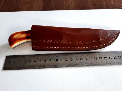 Handmade DAMASCUS Steel Hunting Knife, BURNT Camel Bone Handle scales.