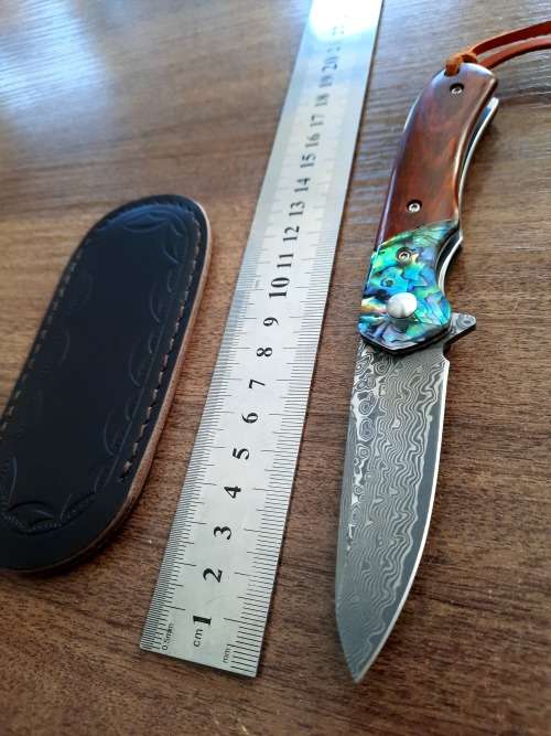 Damascus VG-10 Stainless Steel folding knife, RAZOR Sharp, Rosewood & Shell handle.
