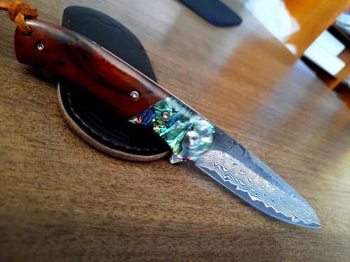 Damascus VG-10 Stainless Steel folding knife, RAZOR Sharp, Rosewood & Shell handle.