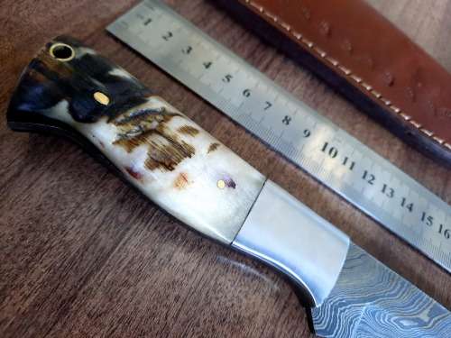 Handmade Damascus steel HUNTING  knife with RAM HORN handle scales. NEW STOCK!! !