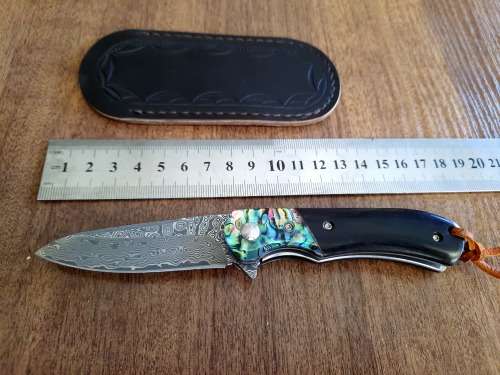 Damascus VG-10 Stainless Steel folding knife, RAZOR Sharp, EBONY WOOD & Shell handle.