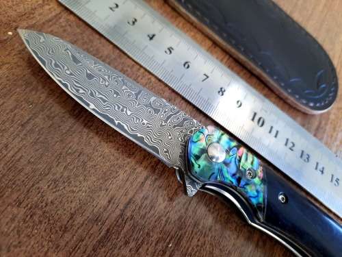 Damascus VG-10 Stainless Steel folding knife, RAZOR Sharp, EBONY WOOD & Shell handle.