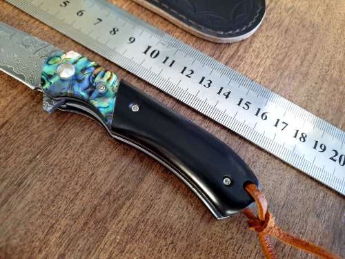 Damascus VG-10 Stainless Steel folding knife, RAZOR Sharp, EBONY WOOD & Shell handle.