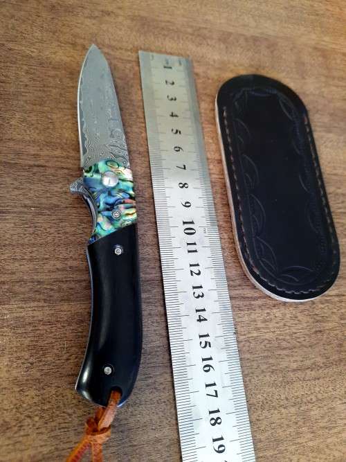 Damascus VG-10 Stainless Steel folding knife, RAZOR Sharp, EBONY WOOD & Shell handle.