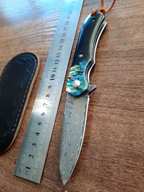 Damascus VG-10 Stainless Steel folding knife, RAZOR Sharp, EBONY WOOD & Shell handle.
