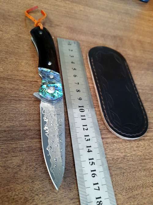 Damascus VG-10 Stainless Steel folding knife, RAZOR Sharp, EBONY WOOD & Shell handle.