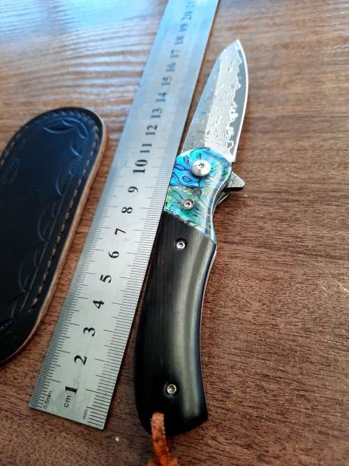Damascus VG-10 Stainless Steel folding knife, RAZOR Sharp, EBONY WOOD & Shell handle.